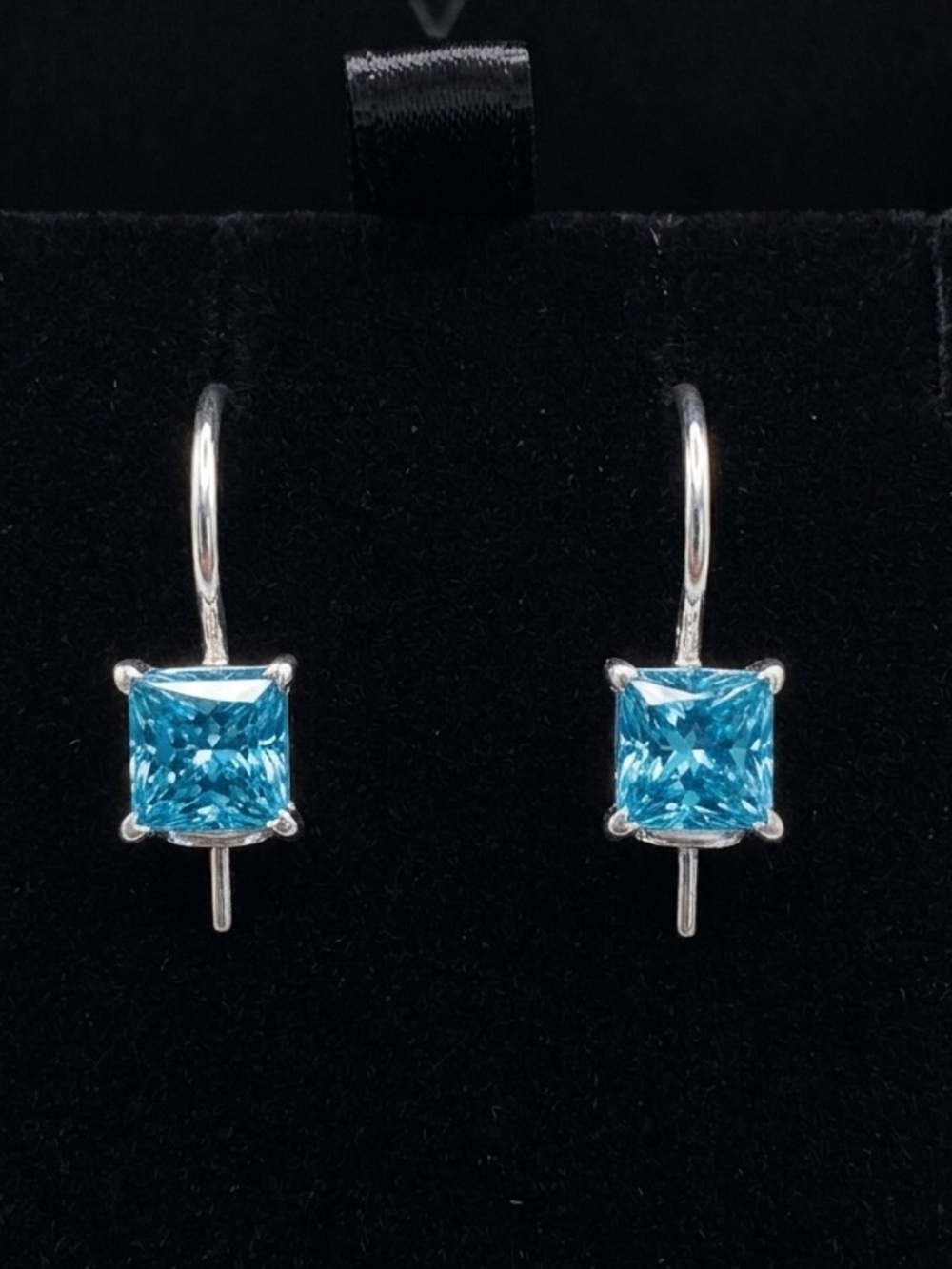 Silver crystal Square-Cut Drop Earrings aquamarine March princess cut